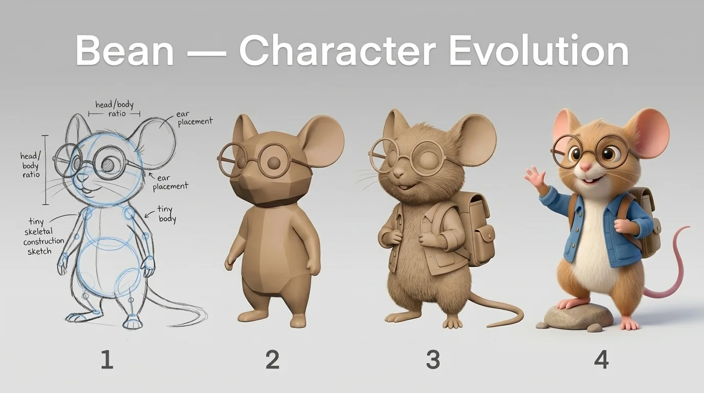 Bean drawn from first sketch through to finished character