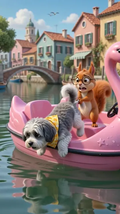 Milo and Sunny on a pink flamingo pedal boat in a Venice canal