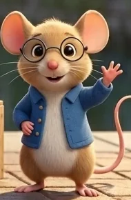 Bean, a mouse in round glasses and a blue jacket, waving