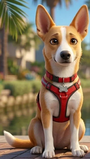 Harley, a tan and white dog with tall upright ears