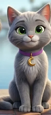 Luna, a grey cat with green eyes and a moon charm collar