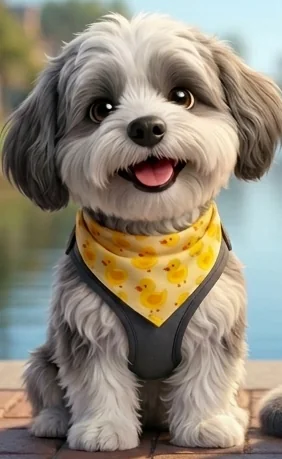 Milo, a scruffy grey and white dog in a yellow rubber-duck bandana