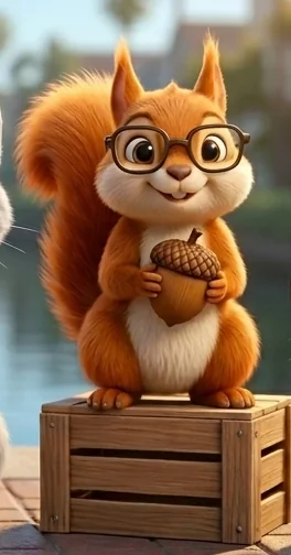 Sunny, a red squirrel in round glasses holding an acorn, standing on a crate