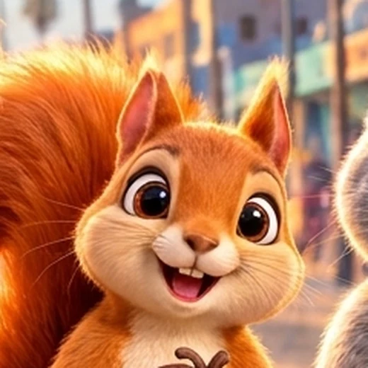 Sunny, the orange squirrel holding an acorn