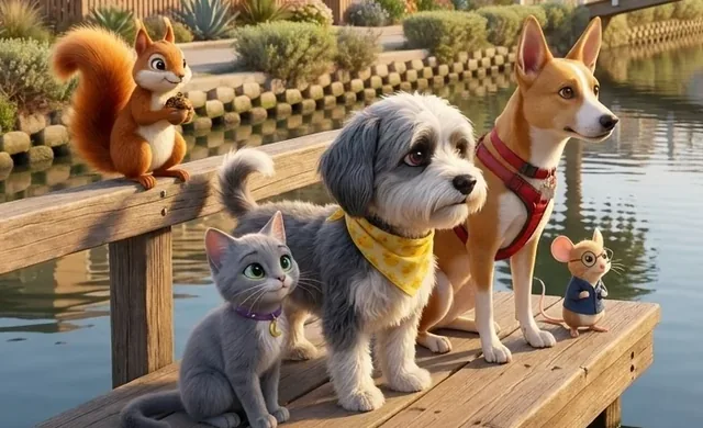 Milo, Harley, Bean, Sunny and Luna watching from a Venice canal dock