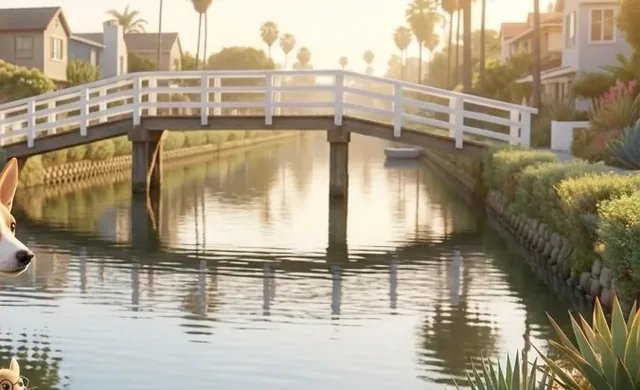 The Venice canal and its white footbridge, where the shore story begins