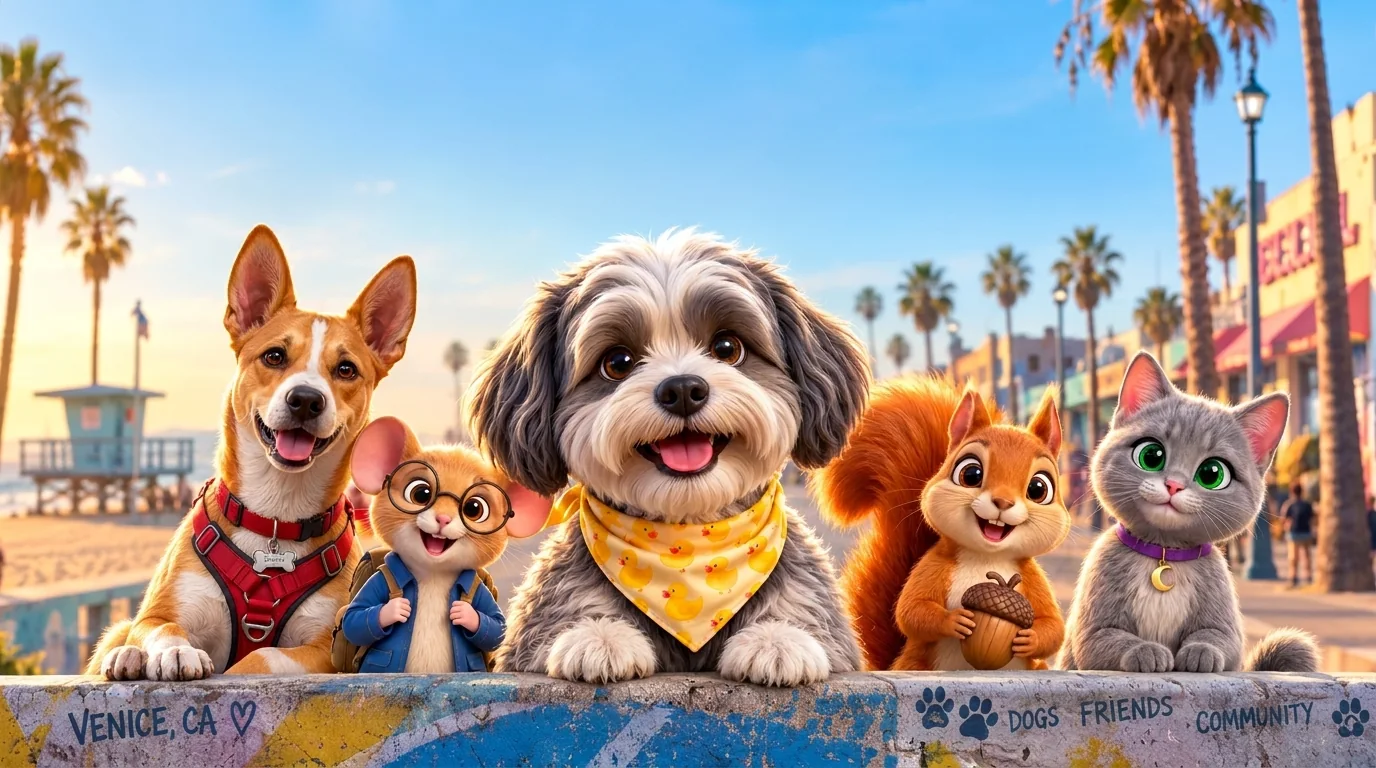 Milo, Harley, Bean, Sunny and Luna together on the colorful Venice Beach boardwalk