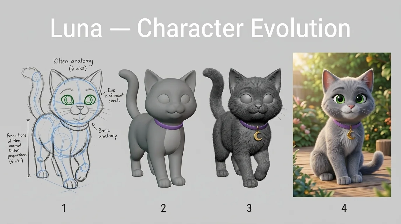 Luna drawn from first sketch through to finished character