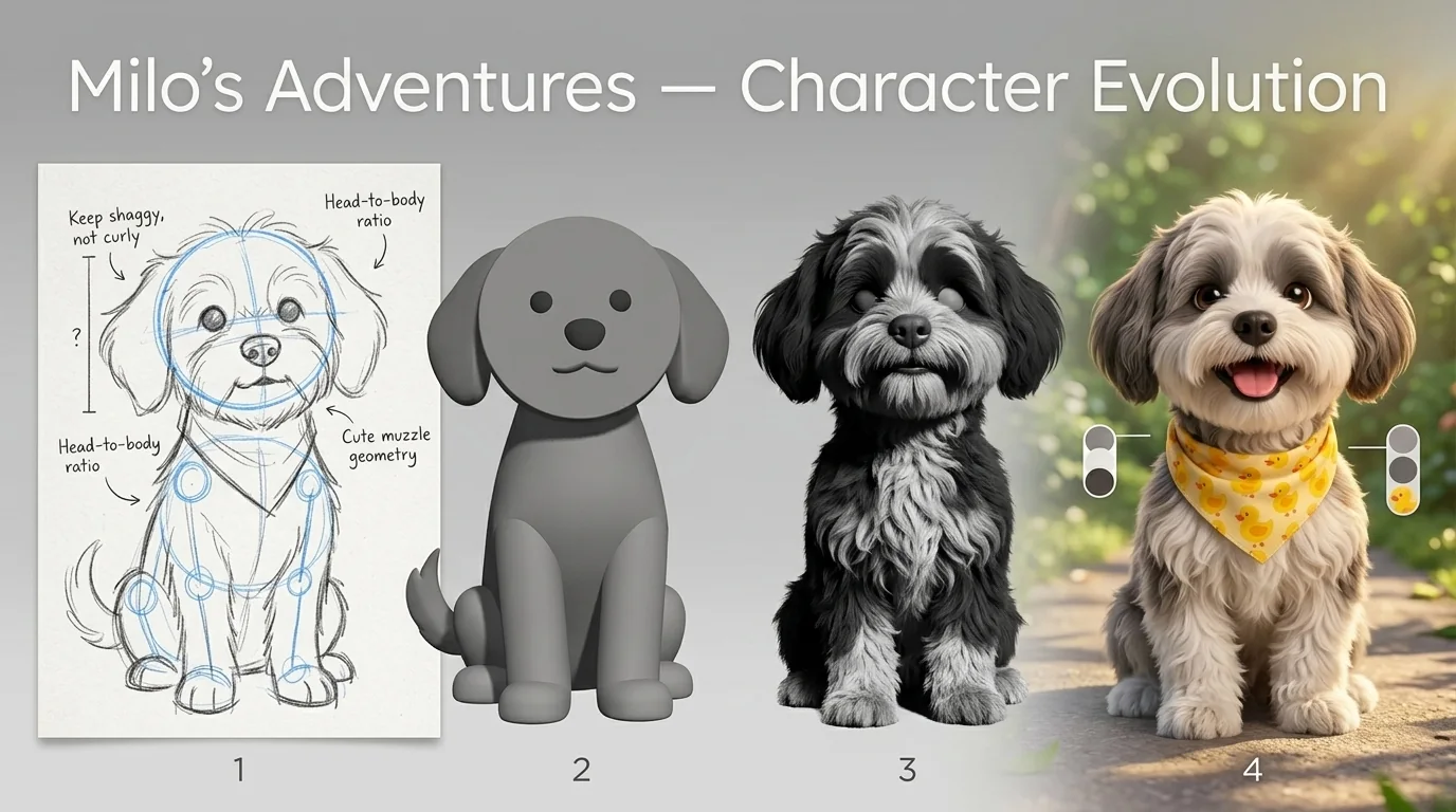 Milo drawn from first sketch through to finished character