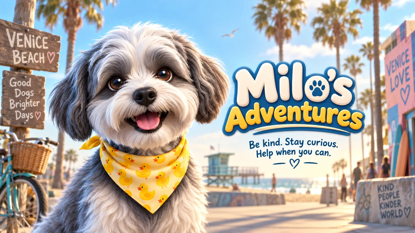 Illustrated Milo in Venice wearing his signature yellow duck bandana