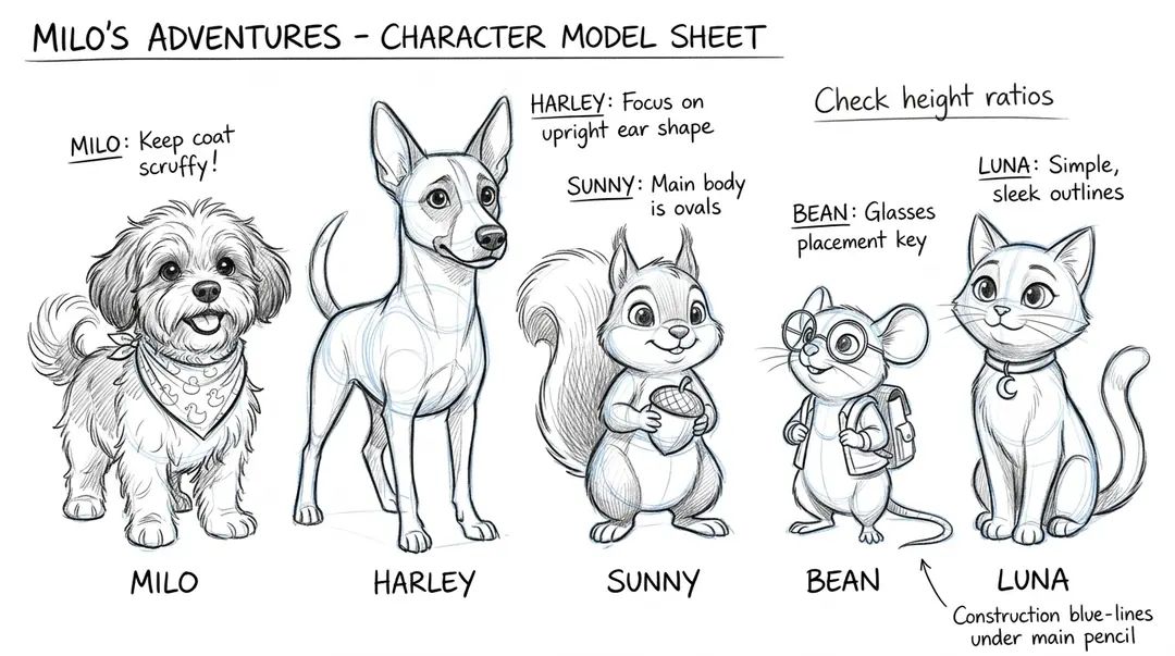 Character model sheet showing pencil drawings of Milo, Harley, Sunny, Bean and Luna with animator notes