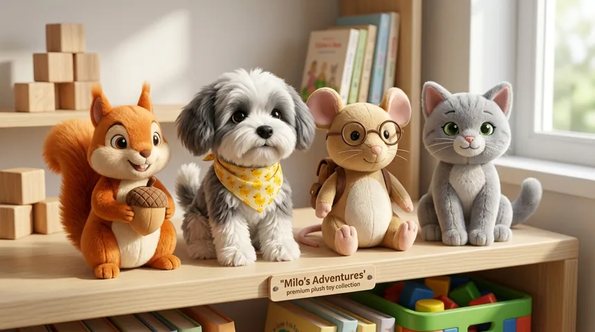 Plush toys of Sunny, Milo, Bean and Luna on a wooden shelf