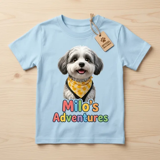 Light blue kids t-shirt printed with Milo and the words Milo's Adventures